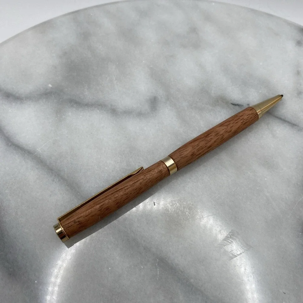 Elegant Slimline Handmade Wooden Ball Point Twist Blue Pen W/ Gold Plated Trim